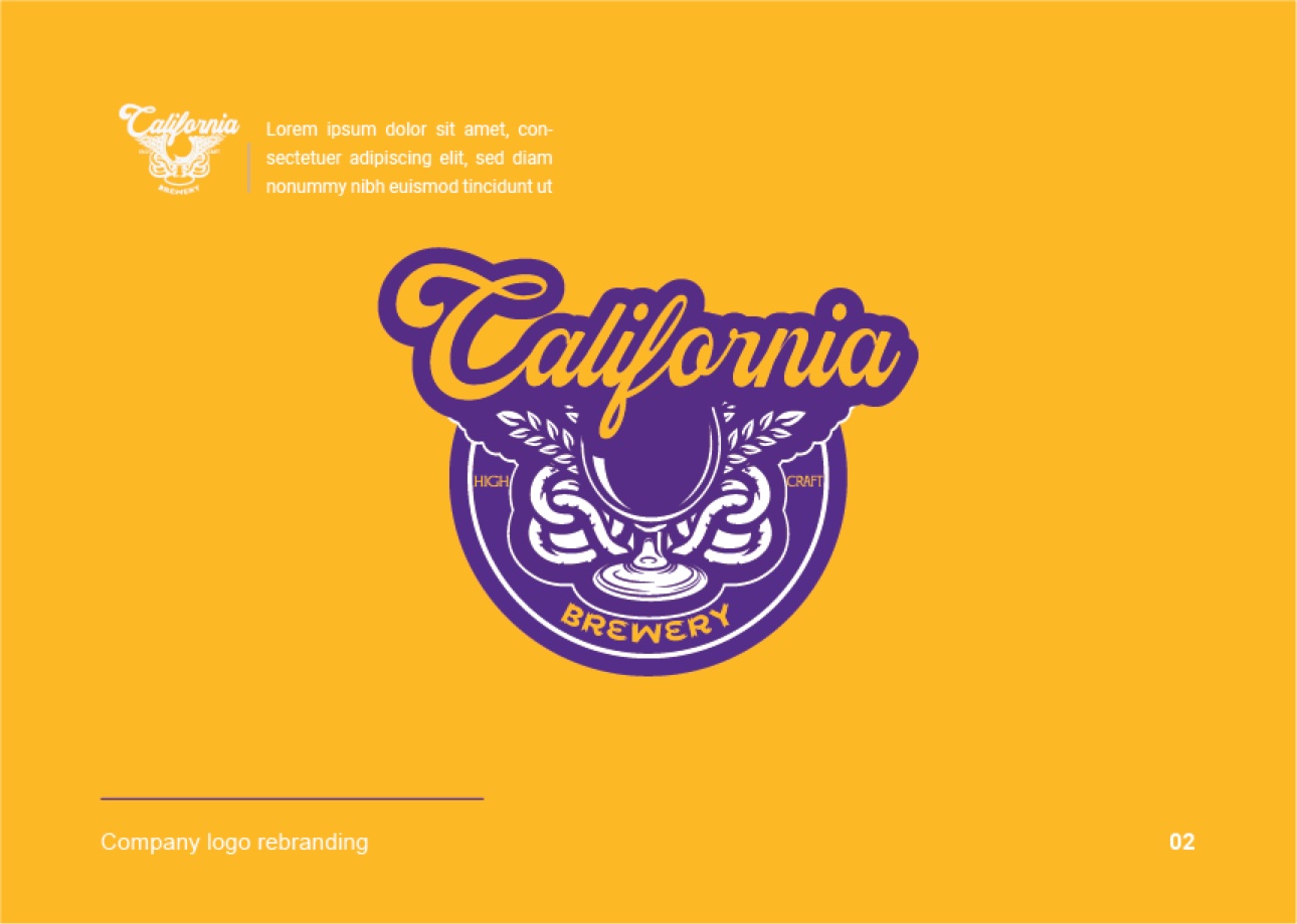 California Brewery rebranding presentation board with the script logo over a chalice-and-wheat crest on a gold background