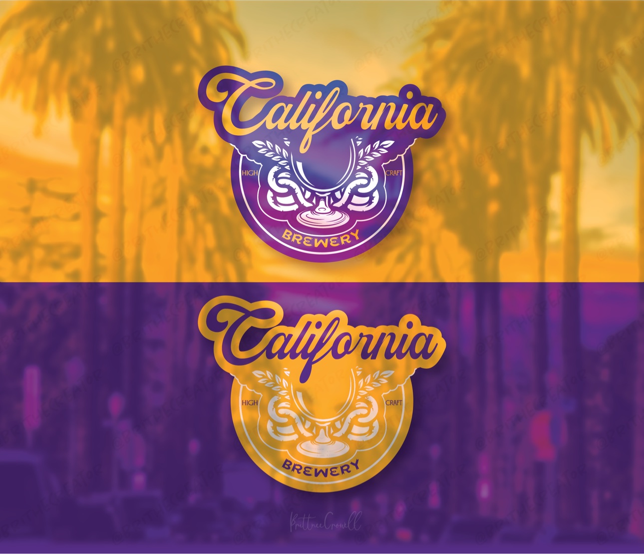 California Brewery logo proofed in two colorways over photography — purple and gold over golden-hour palms, gold over a purple night scene