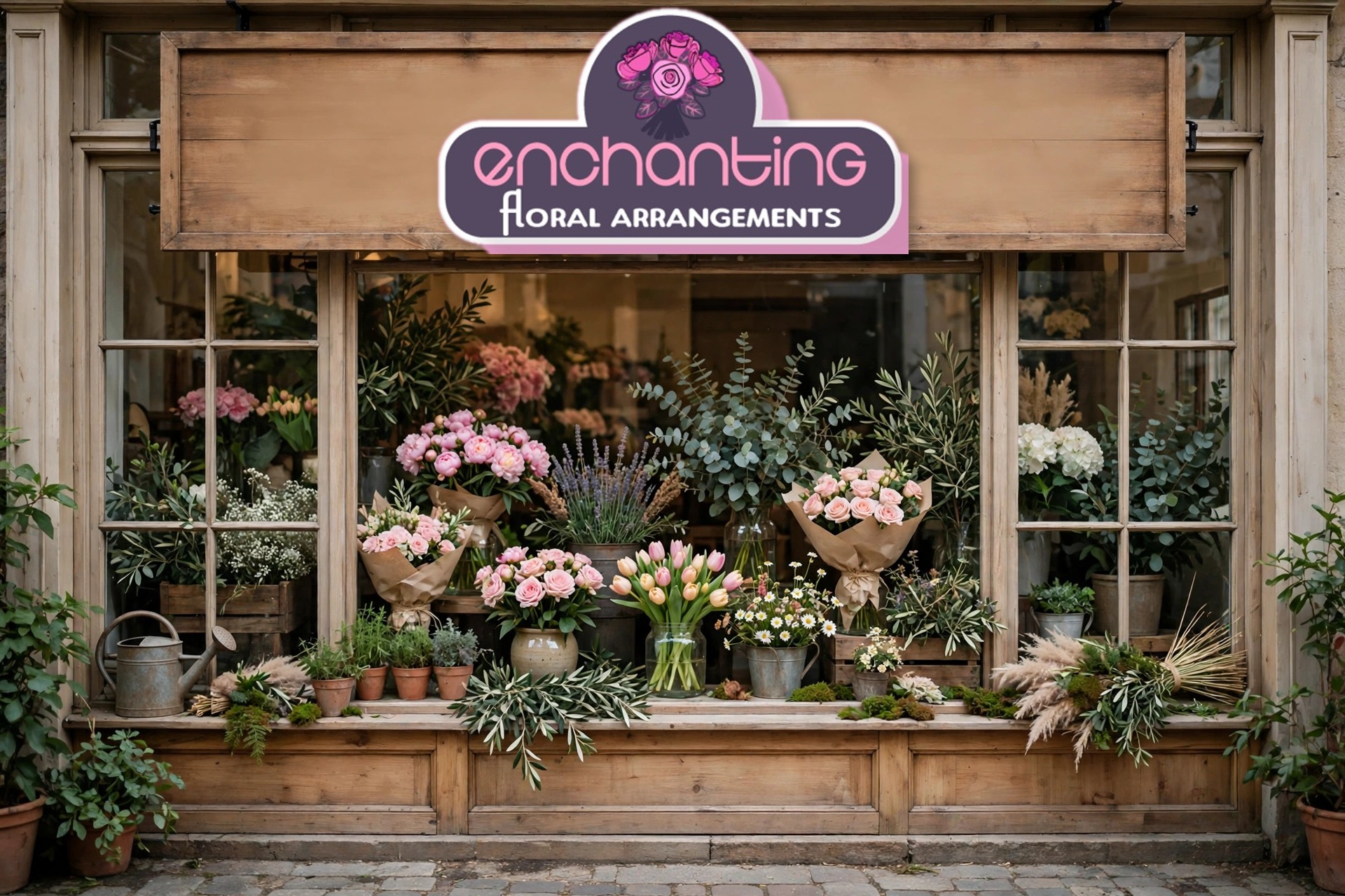 Enchanting Floral Arrangements badge logo as a shop sign mounted above a flower shop storefront, the window filled with pink rose bouquets, peonies, tulips, and greenery