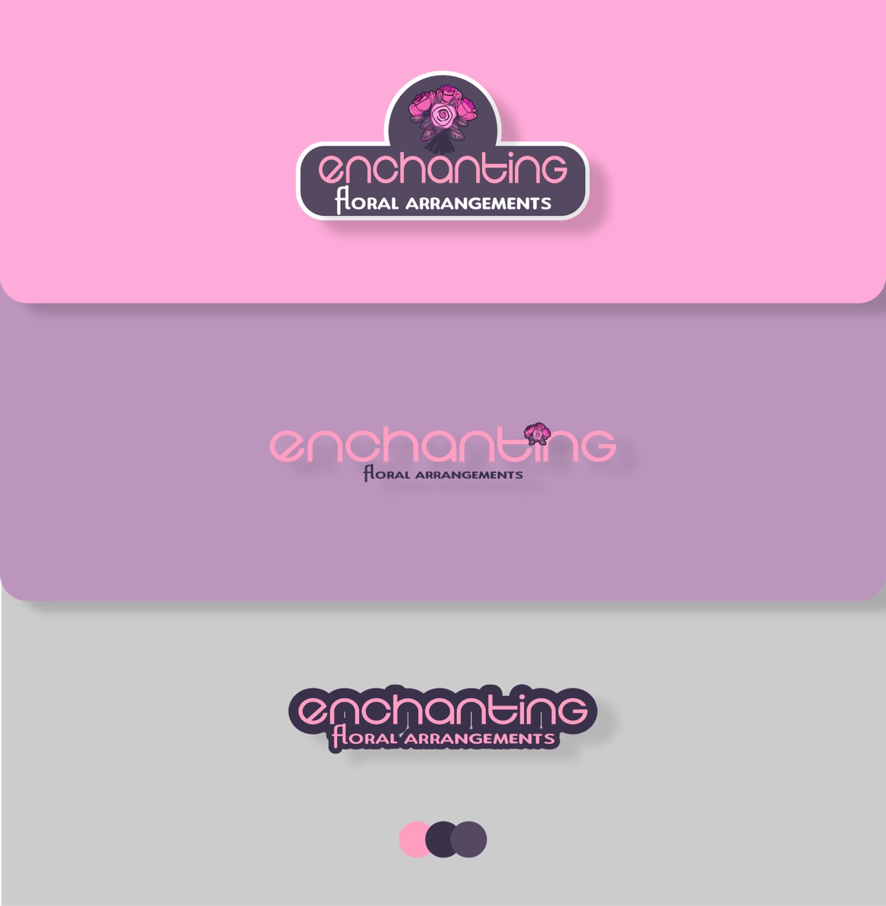 Enchanting Floral Arrangements logo lockups — bouquet badge, minimal wordmark with rose accent, and sticker version on pink and plum