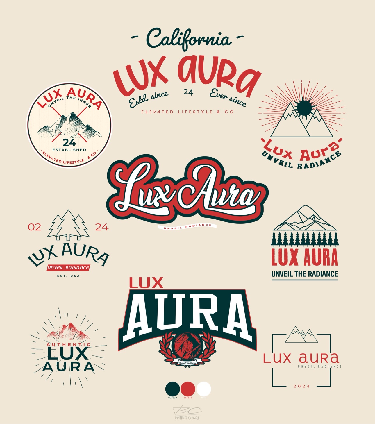 Lux Aura brand board showing nine logo variants — retro script, circular badge, sunburst and pine-tree marks, collegiate crest, and minimal line mark — on a cream background with a deep teal, red, and cream palette