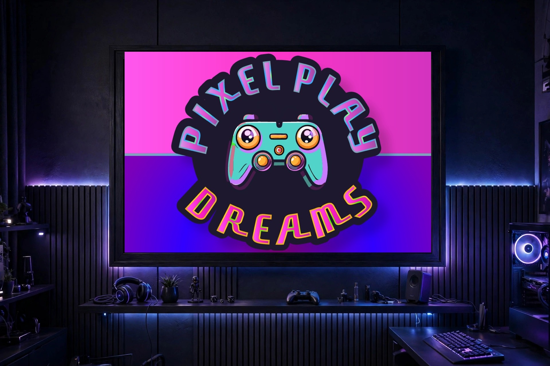 Pixel Play Dreams controller character logo framed as a backlit poster on the wall of a gaming room with neon pink and purple lighting, headphones and a keyboard on the desk below