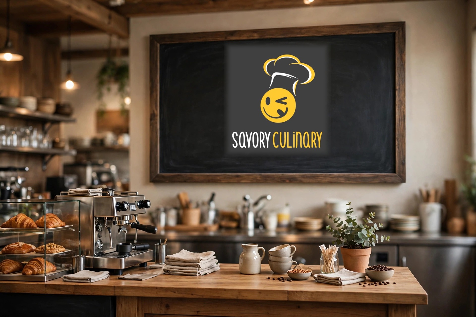 Savory Culinary winking-chef logo on a large framed chalkboard above a cafe counter with an espresso machine, croissants, and stacked cups