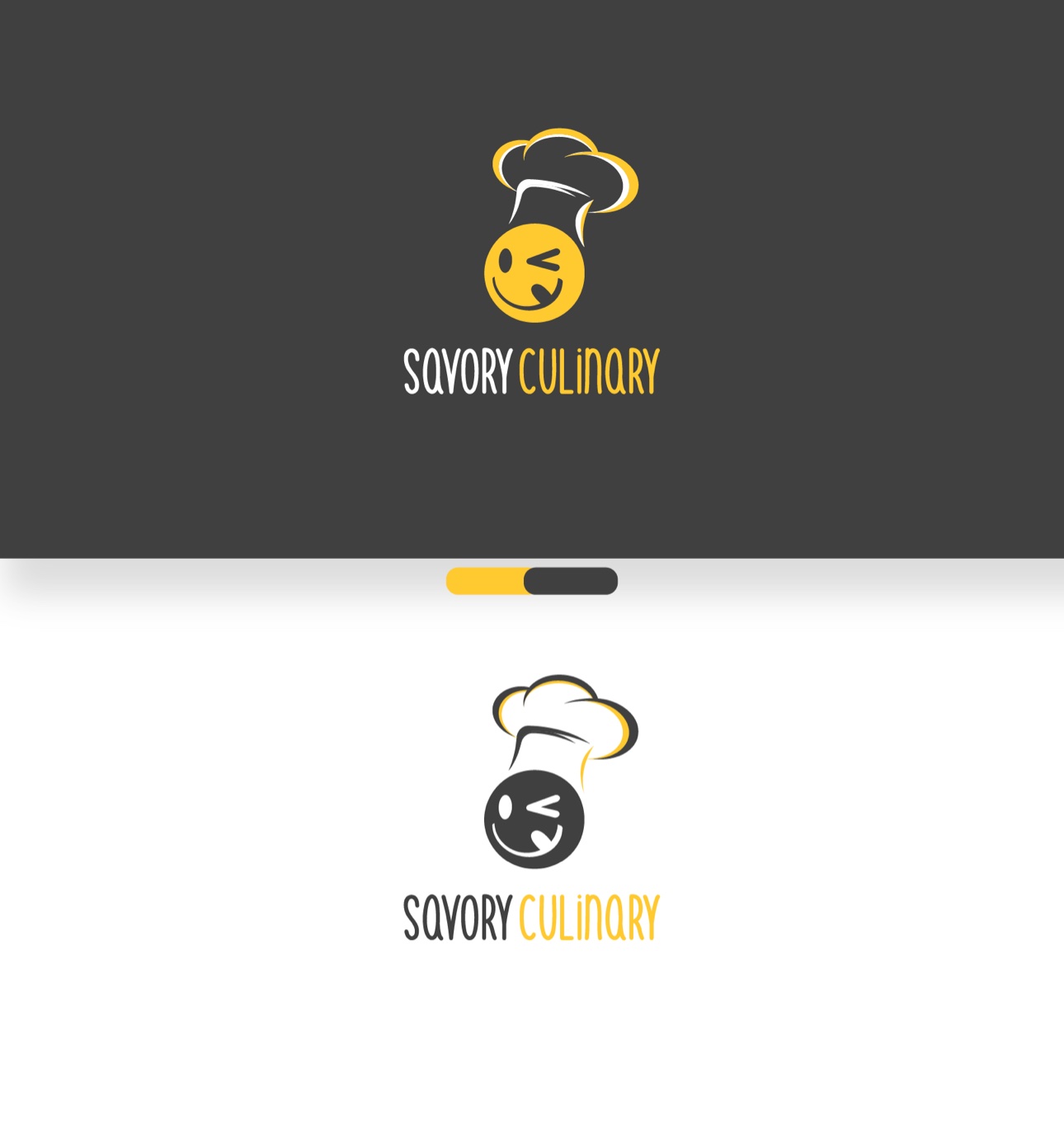 Savory Culinary logo — a winking chef mascot with hand-lettered wordmark, shown in full color on charcoal and reversed on white